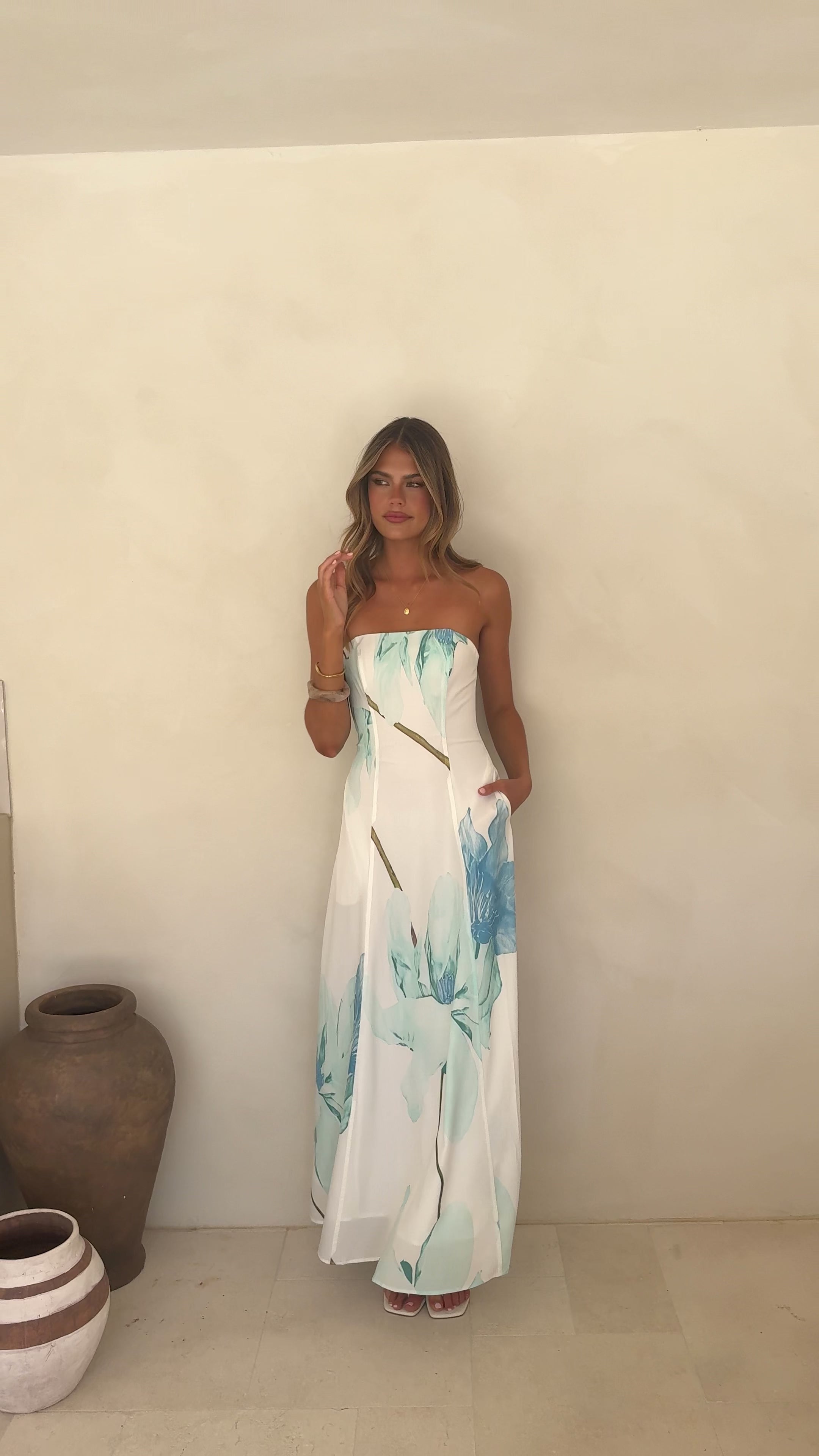 Load video: Lila Strapless Maxi Dress - Wildflower Blue - Billy J