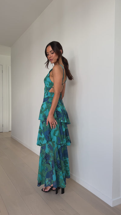 Load and play video in Gallery viewer, Sachiko Maxi Dress - Blue / Green Print - Billy J
