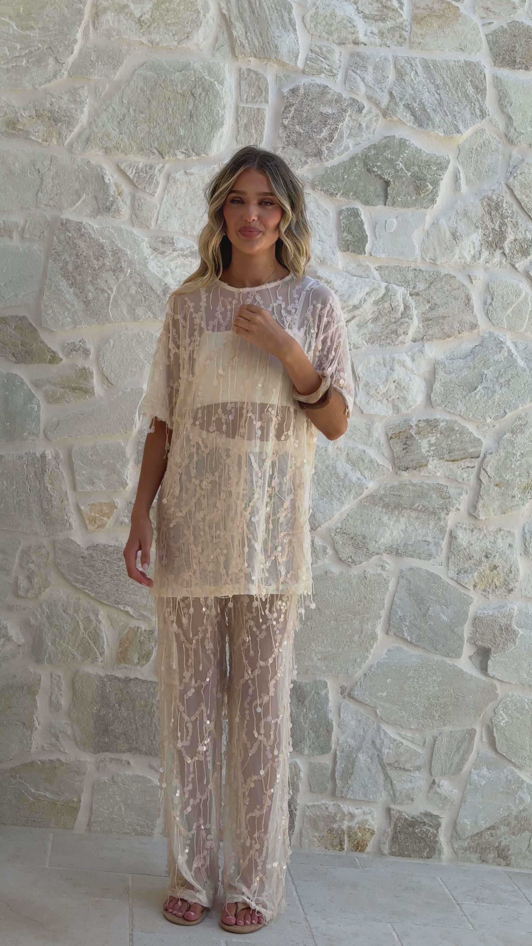 Load video: Zabby Sequin Oversized T-Shirt - Beige - Billy J