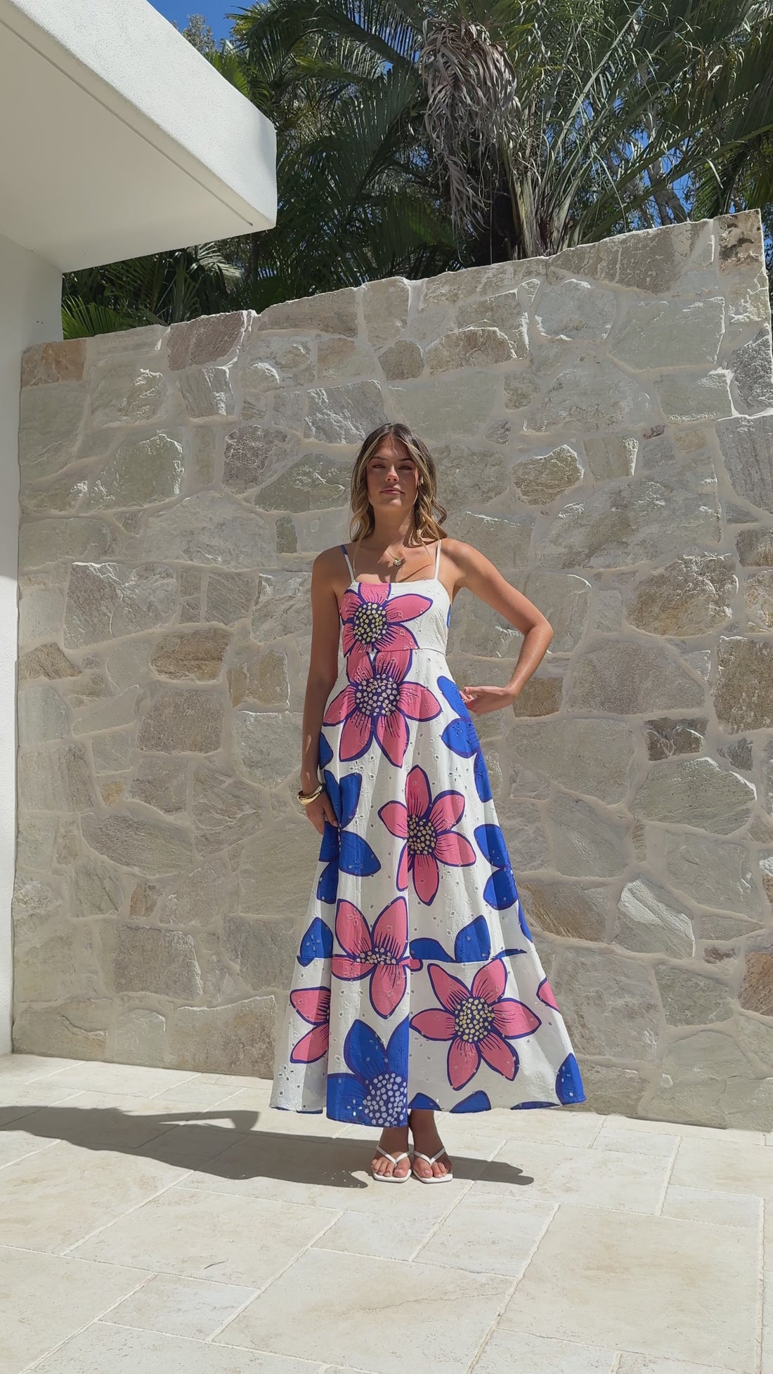 Norah Eyelet Maxi Dress - Botanic Blue/Pink Print - Billy J