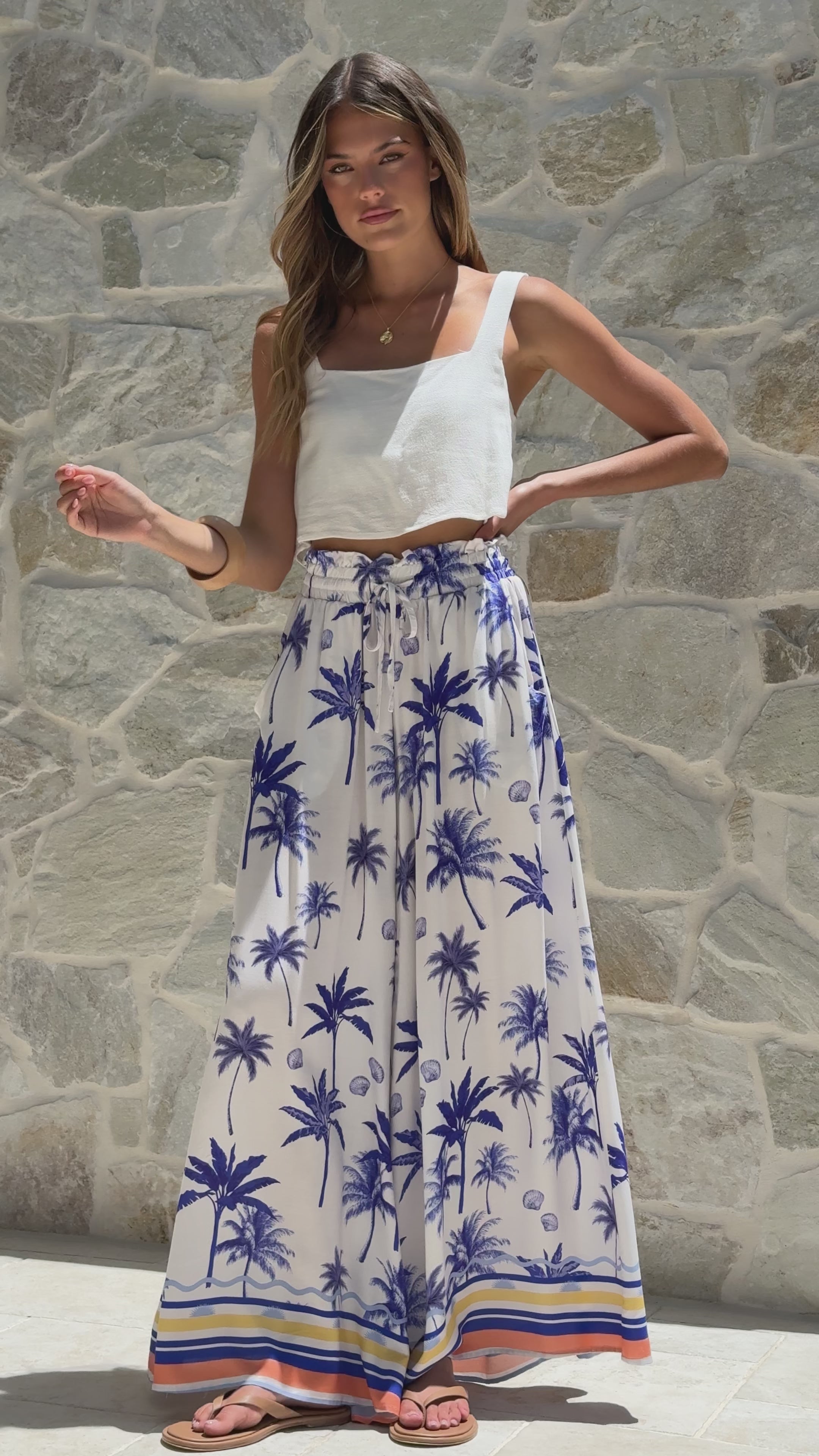 Load video: Avery Wide Leg Pants - Blue Palm - Billy J