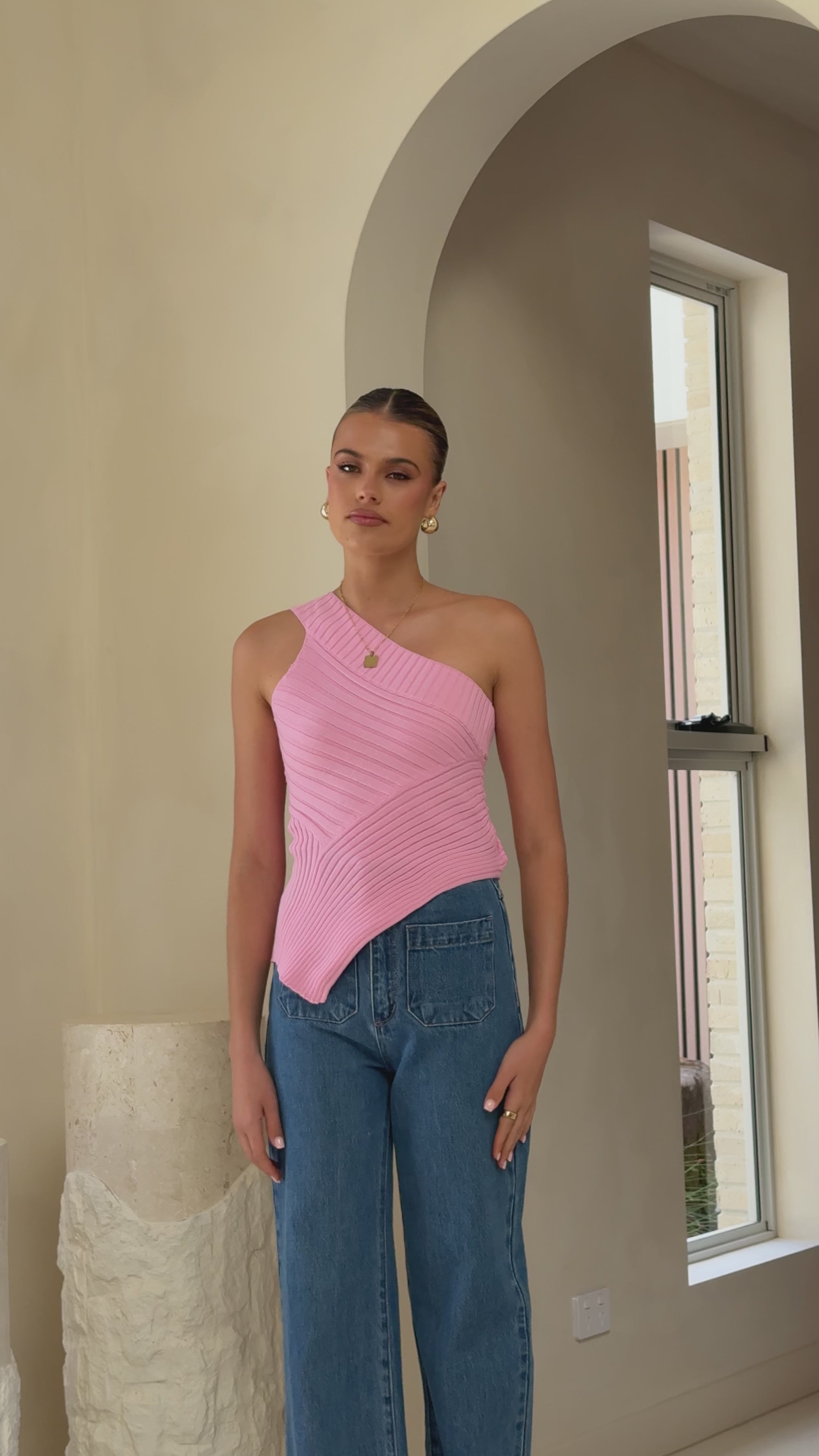 Load video: Alyssia One Shoulder Top - Pink - Billy J