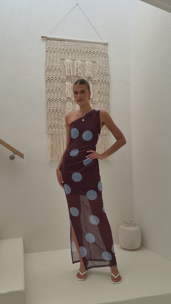 Cataleya Mesh Maxi Dress - Brown / Blue Polka Dot - Billy J