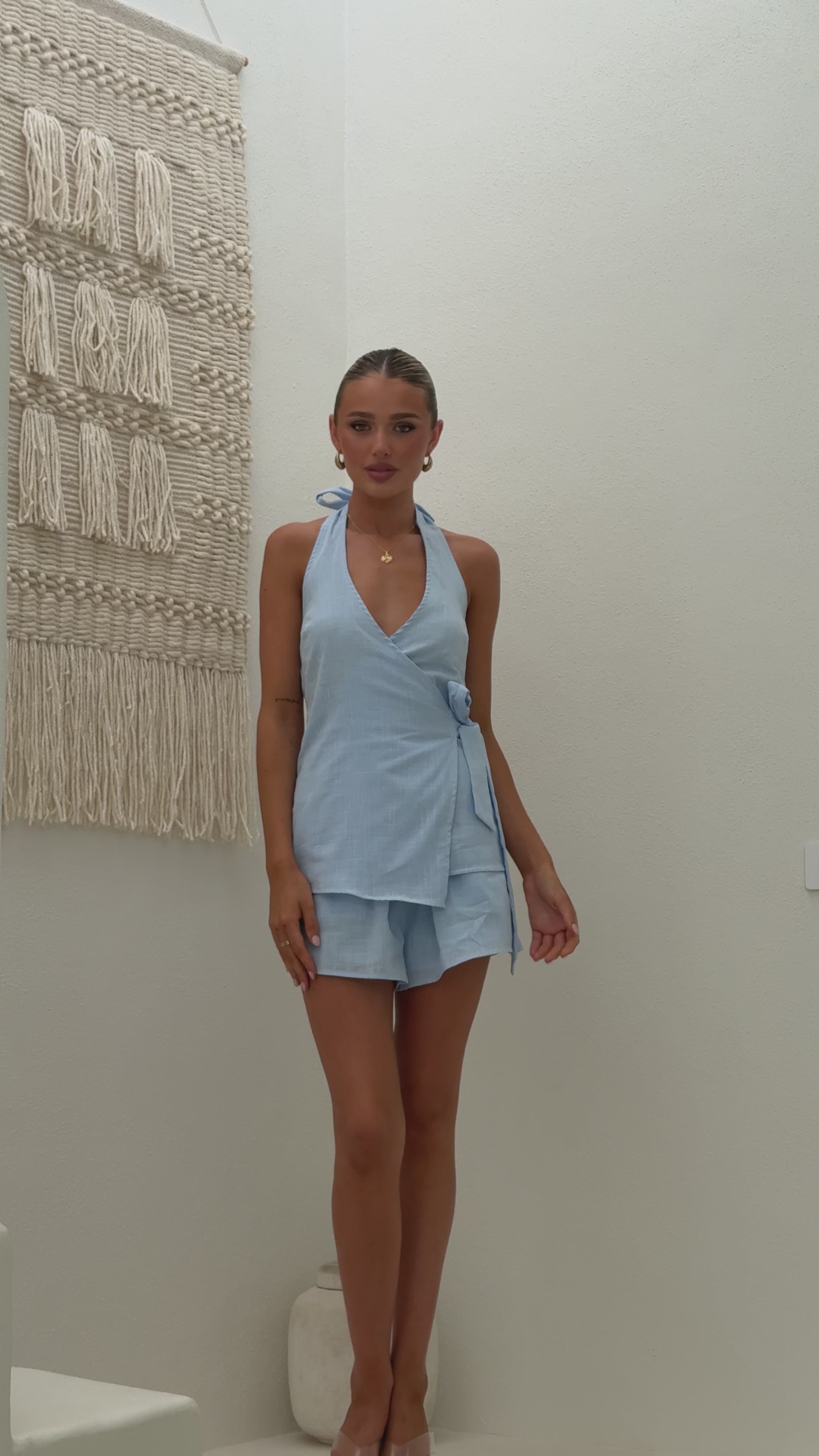 Load video: Malencia Wrap Top and Shorts Set - Blue - Billy J