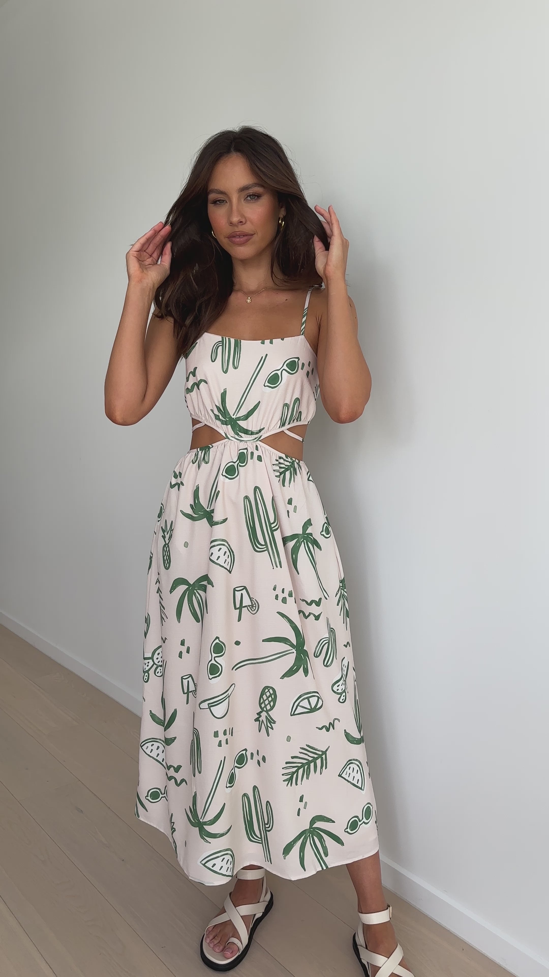 Load video: Sachi Midi Dress - Green Palm - Billy J