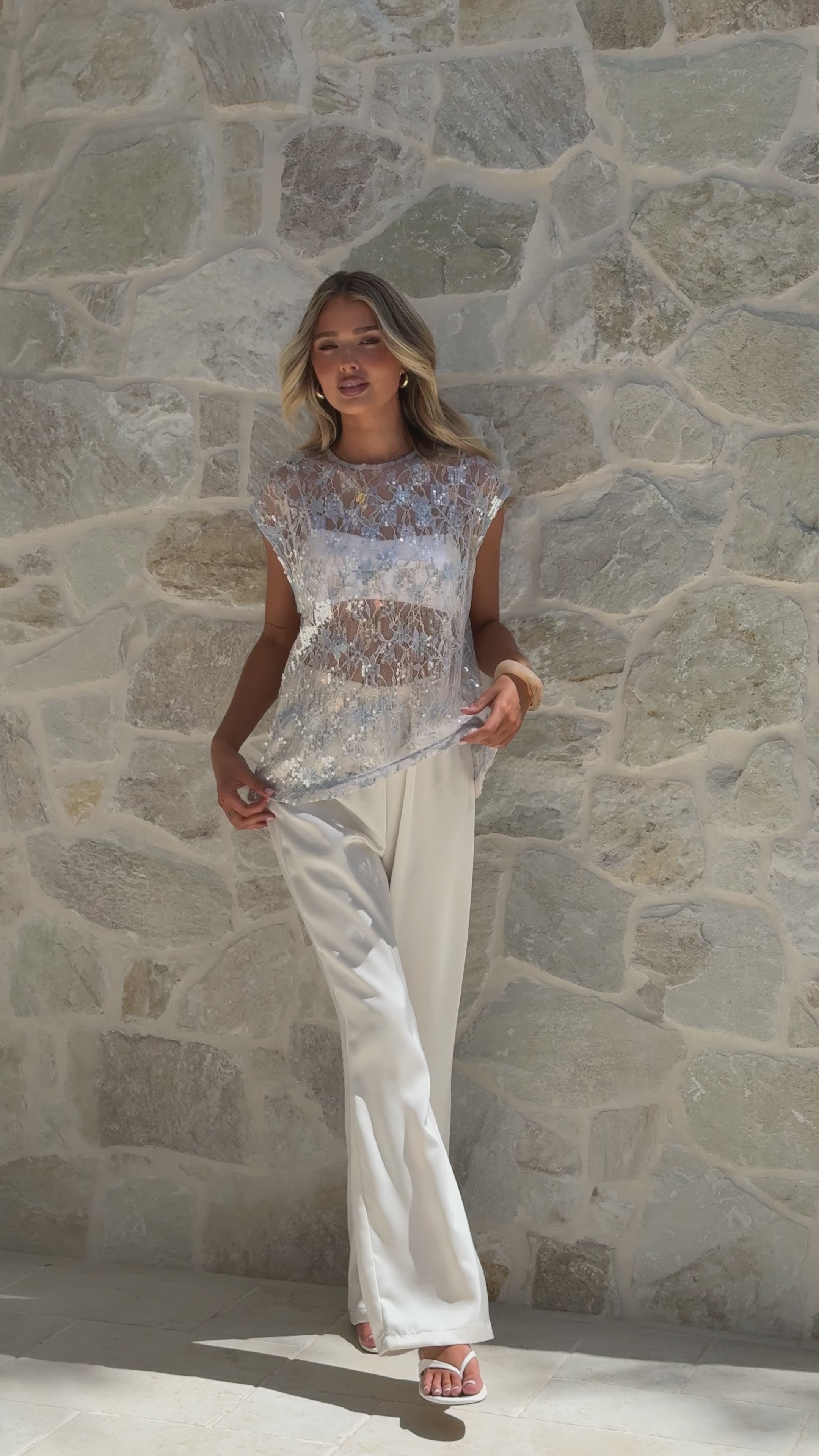 Load video: Makaila Sheer Top - Blue Lace/Sequin - Billy J