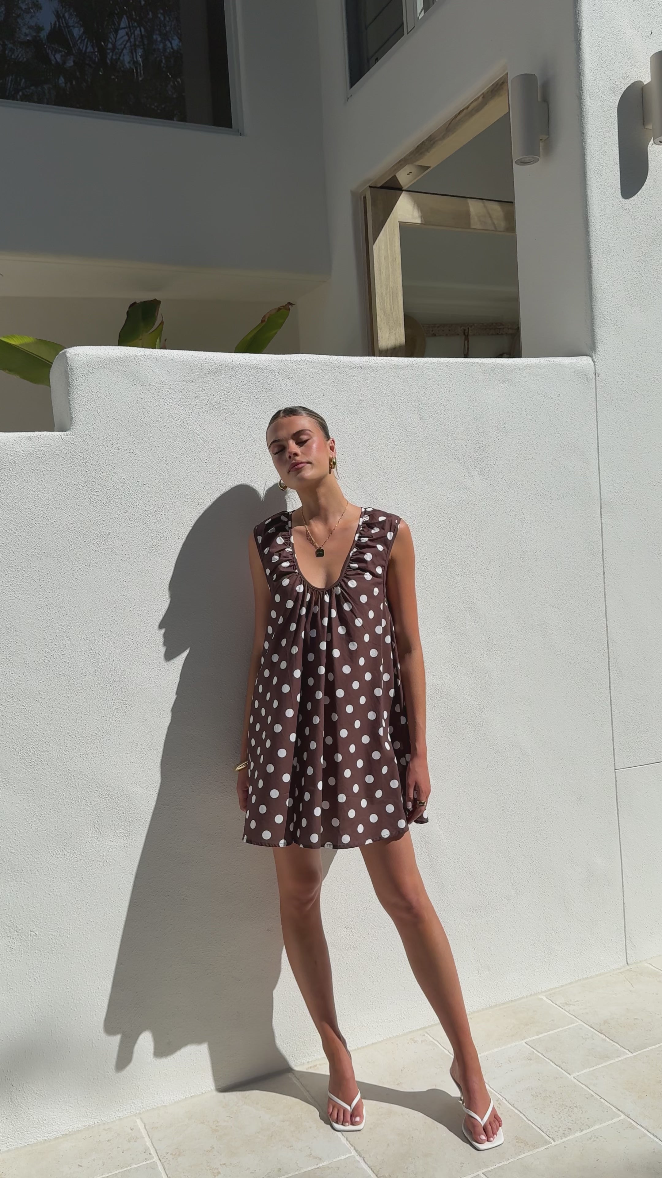 Load video: Vanessa Mini Dress - Brown Polka - Billy J