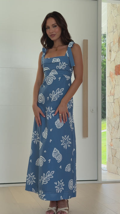 Load and play video in Gallery viewer, Caitlin Maxi Dress - Blue / White - Billy J
