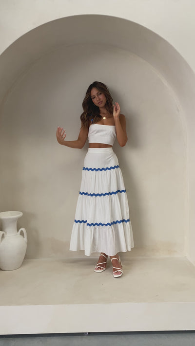 Load and play video in Gallery viewer, Lys Top and Maxi Skirt Set - White / Blue - Billy J
