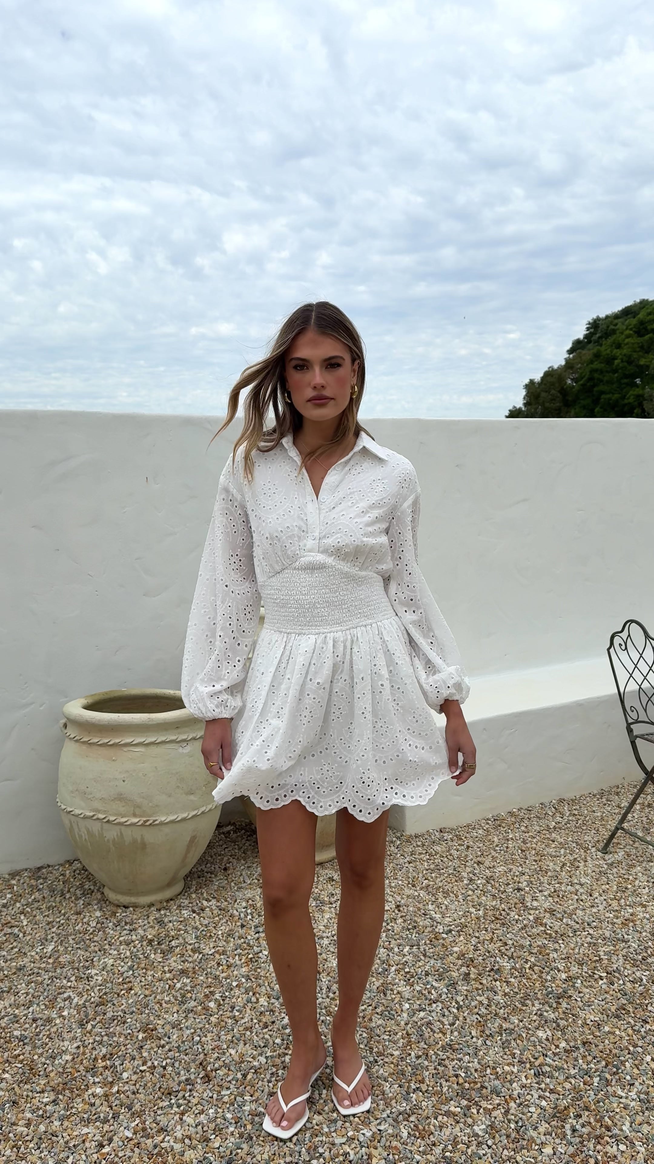 Load video: Brittney Long Sleeve Mini Dress - White - Billy J