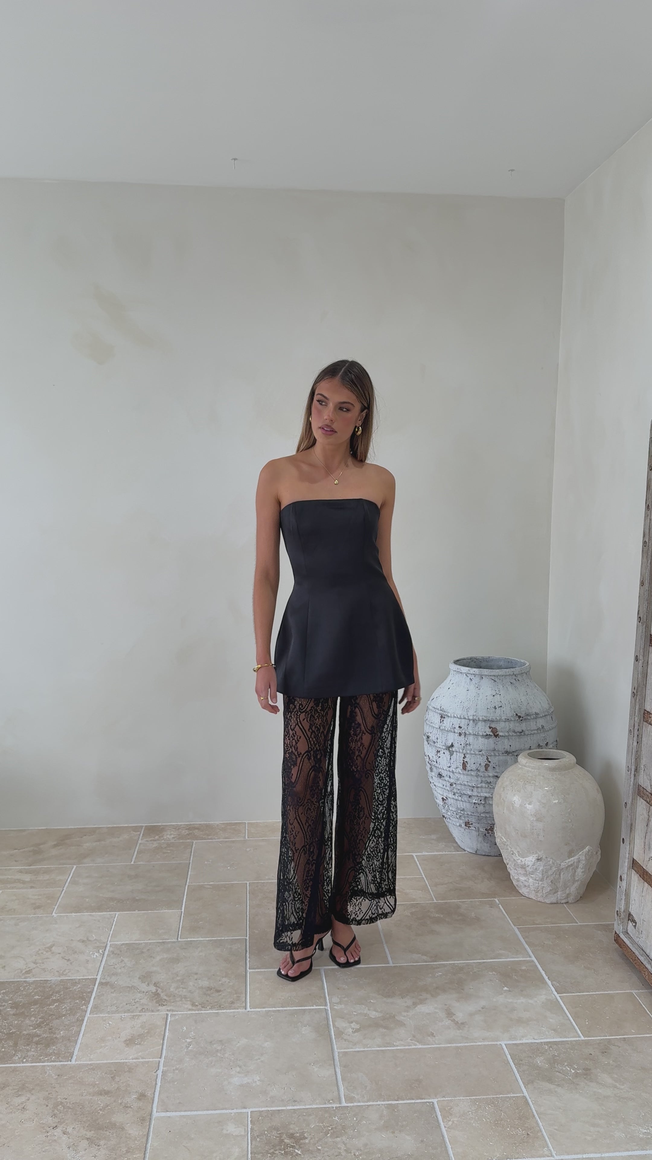 Load video: Harlean Strapless Top and Lace Pants Set - Black - Billy J