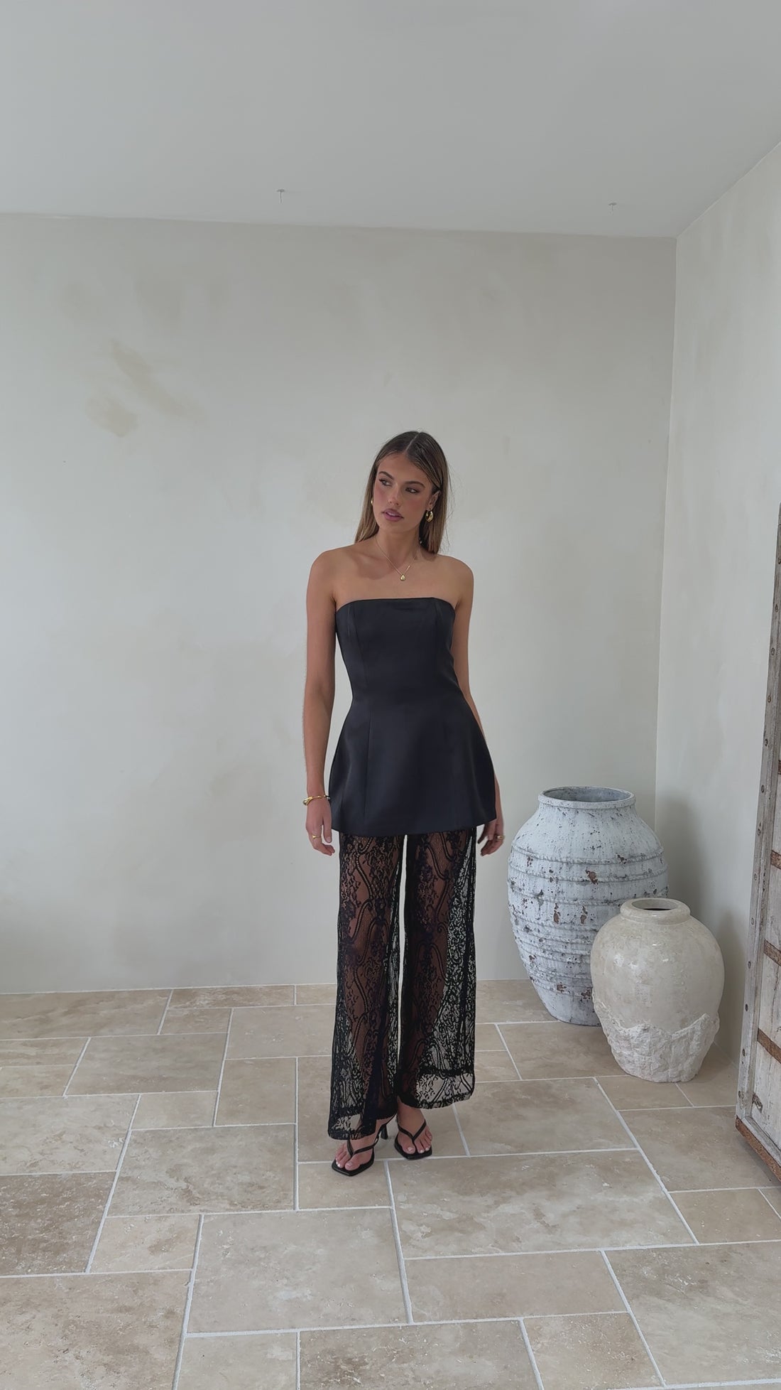 Harlean Strapless Top and Lace Pants Set - Black - Billy J