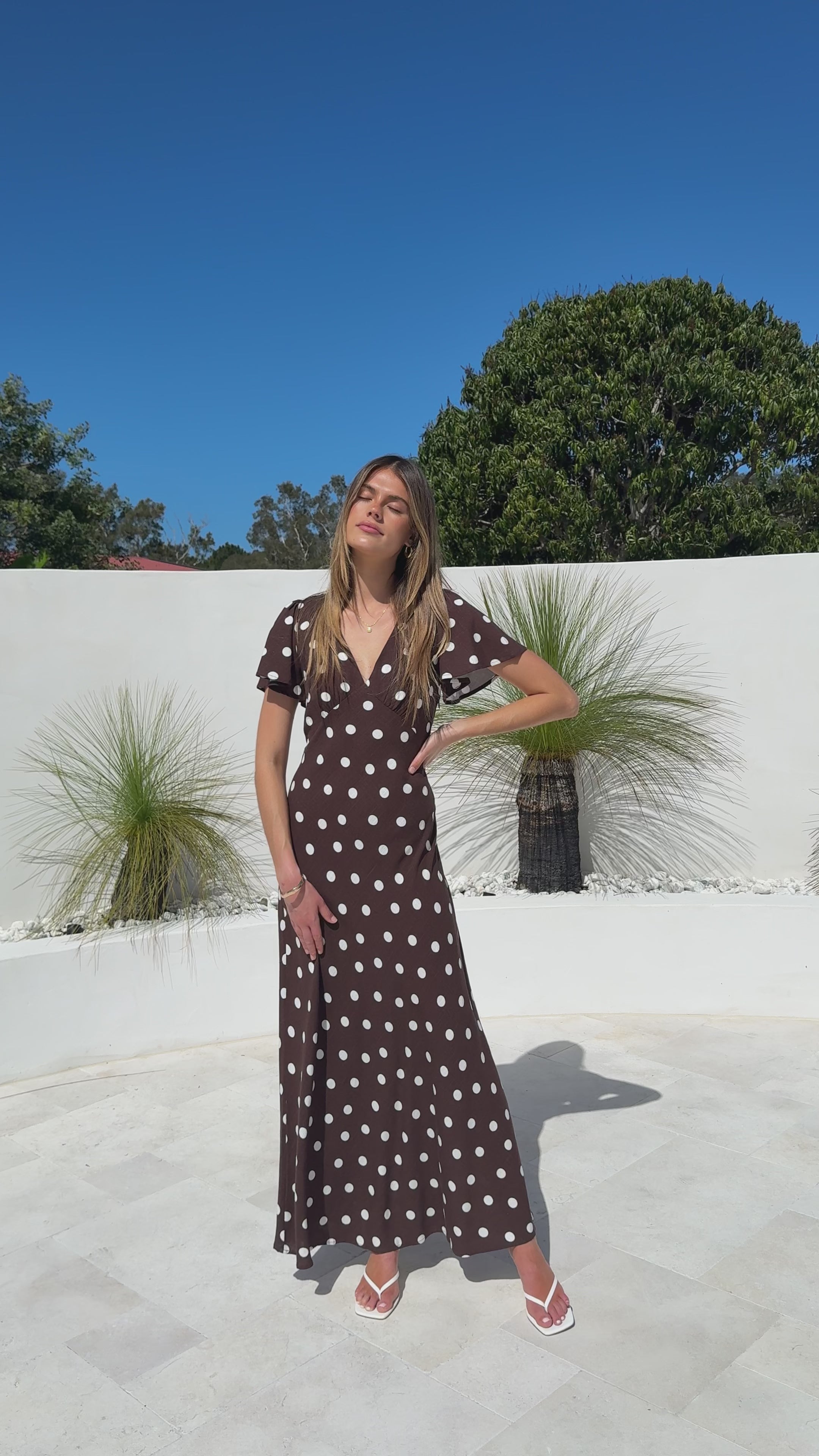 Load video: Rayne Maxi Dress - Brown/White Polka - Billy J