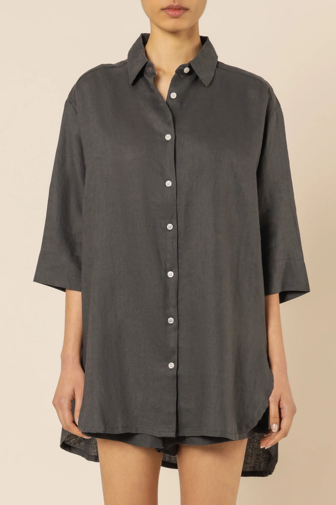 Lounge Linen Longline Shirt - Coal - Billy J