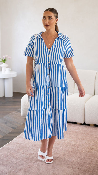 Load image into Gallery viewer, Pippa Midi Dress - Blue Stripe - Billy J
