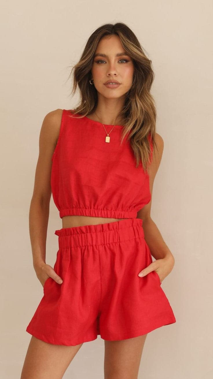 Aimee Linen Top - Red - Billy J