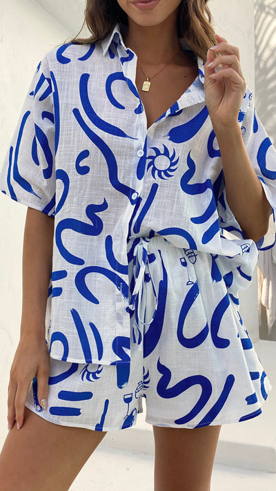 Load image into Gallery viewer, Charli Button Up Shirt and Shorts Set - White/Blue Swirl - Billy J
