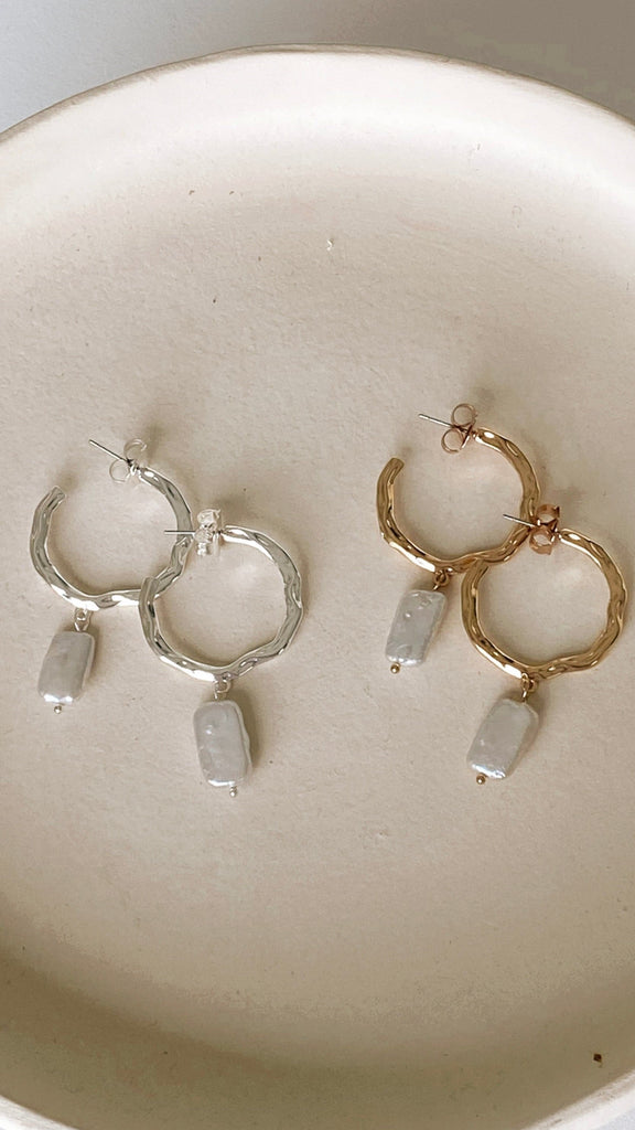 Beaten Metal Pearl Drop Hoops - Gold/Cream - Billy J