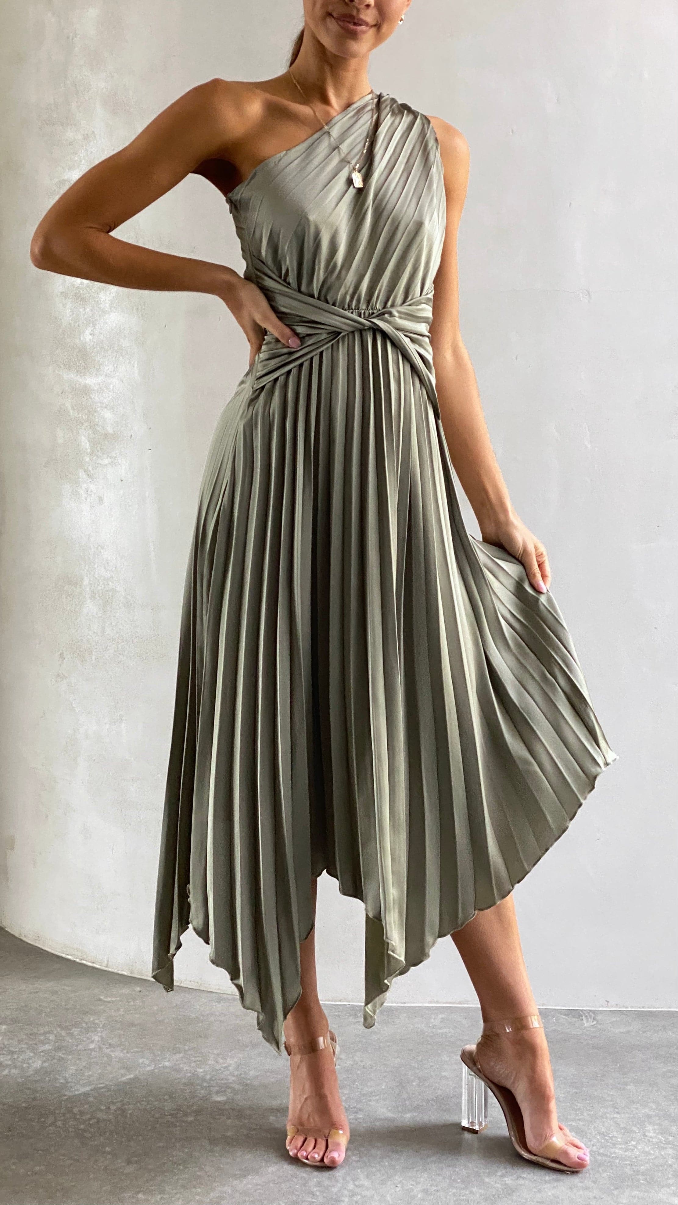 Cali One Shoulder Midi Dress - Olive - Billy J