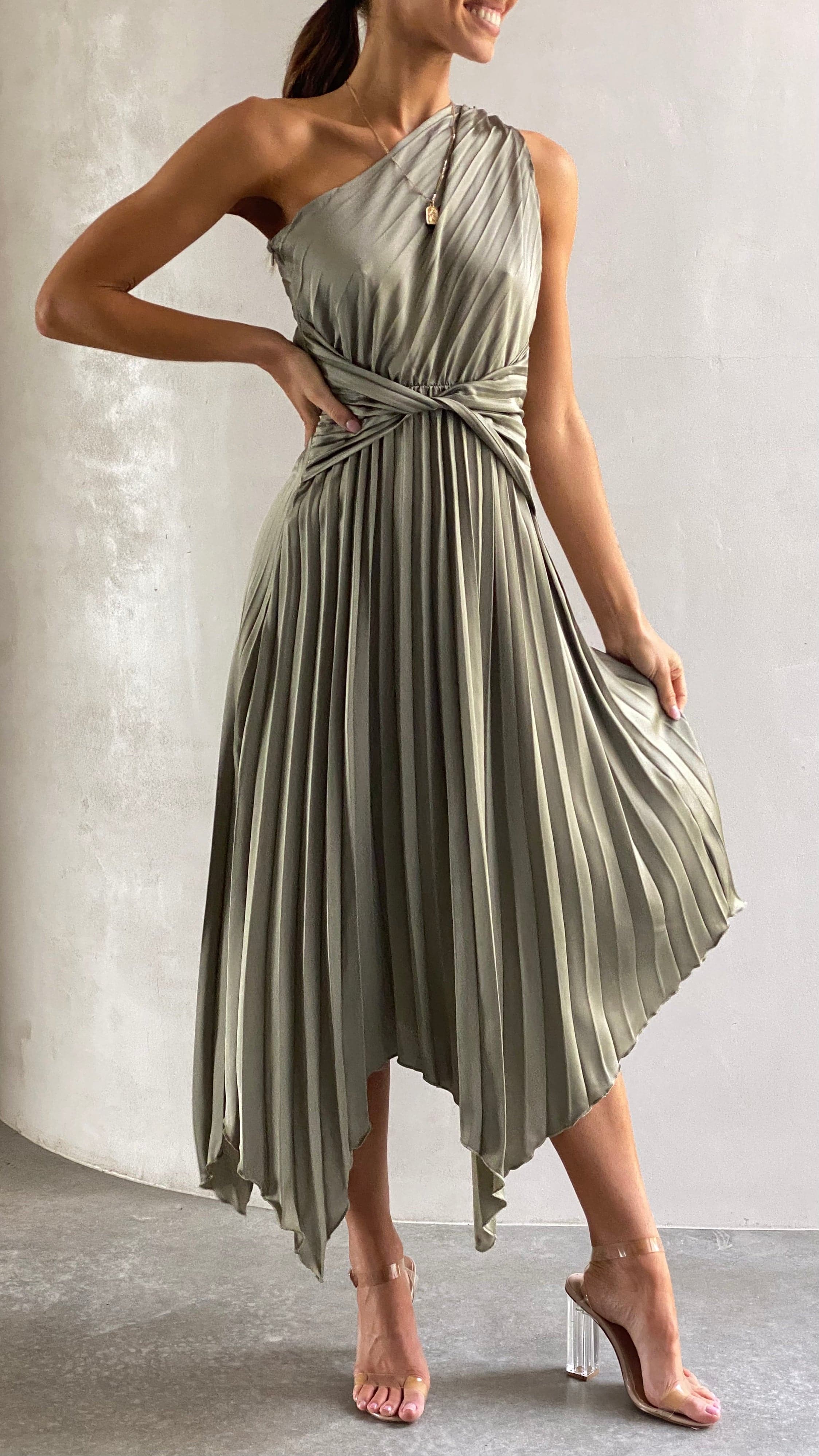 Cali One Shoulder Midi Dress - Olive - Billy J